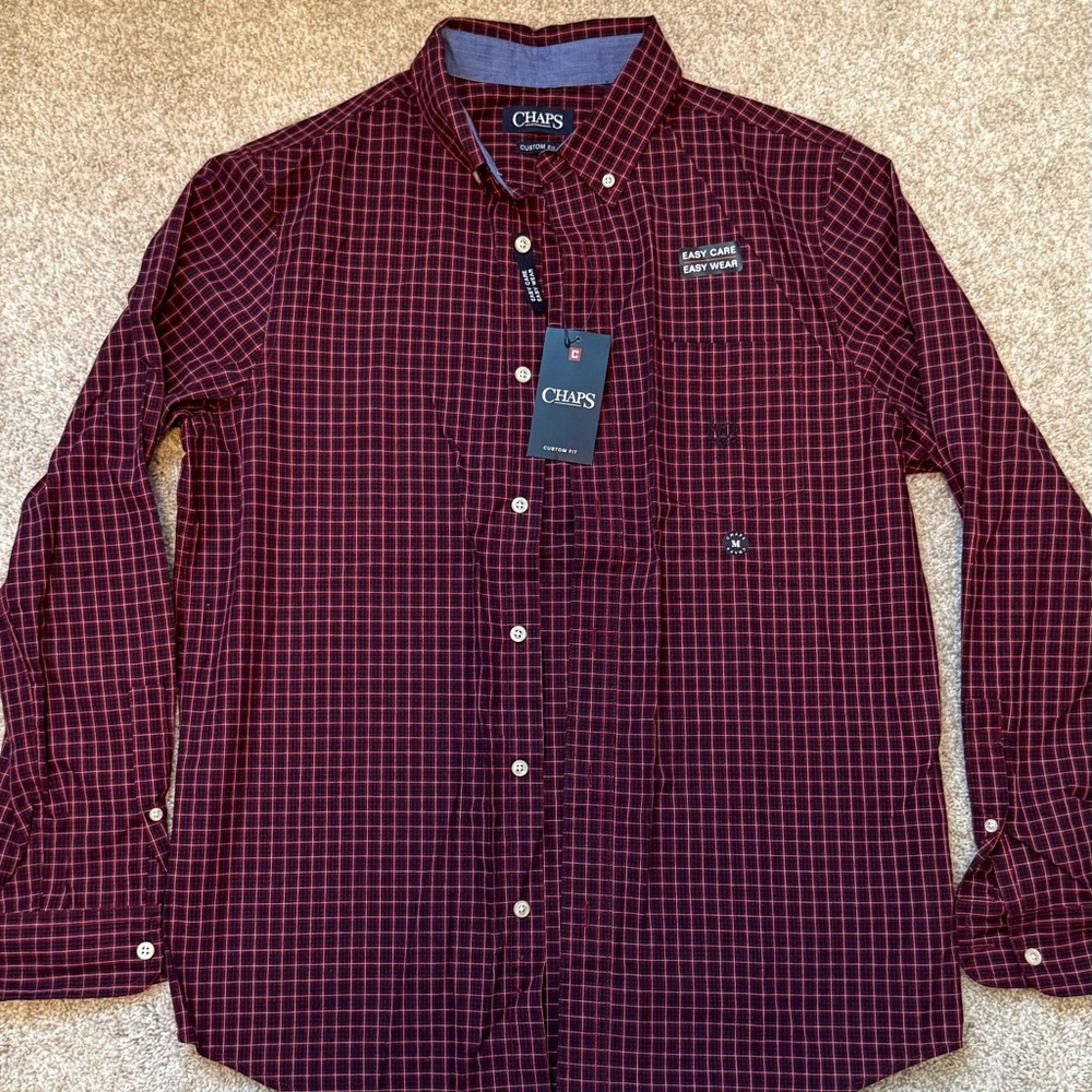 Chaps Men's Burgundy and Black Windowpane Button-Down Shirt, M